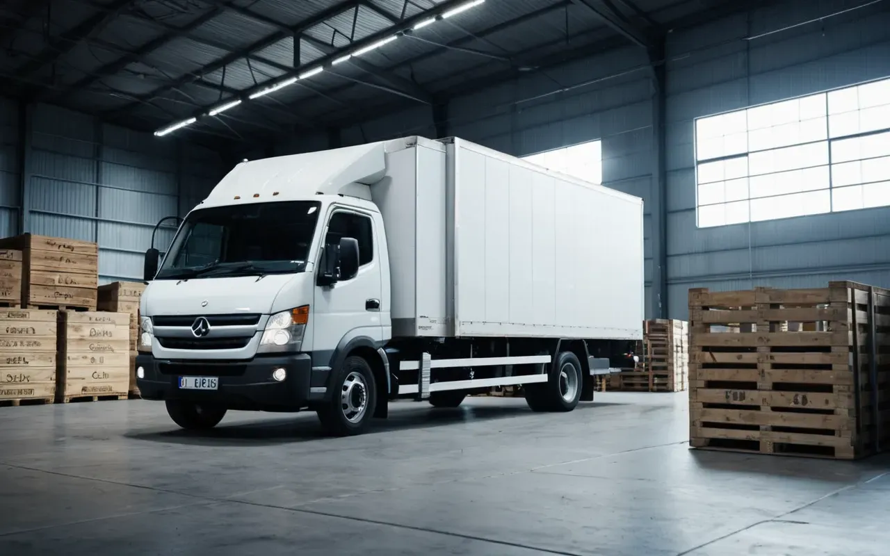 uluslararası nakliyat A modern logistics warehouse interior with a white electric truck parked next to neatly stacked wooden crates. Soft blue lighting highlights the clean concrete floor and industrial shelving in the background.