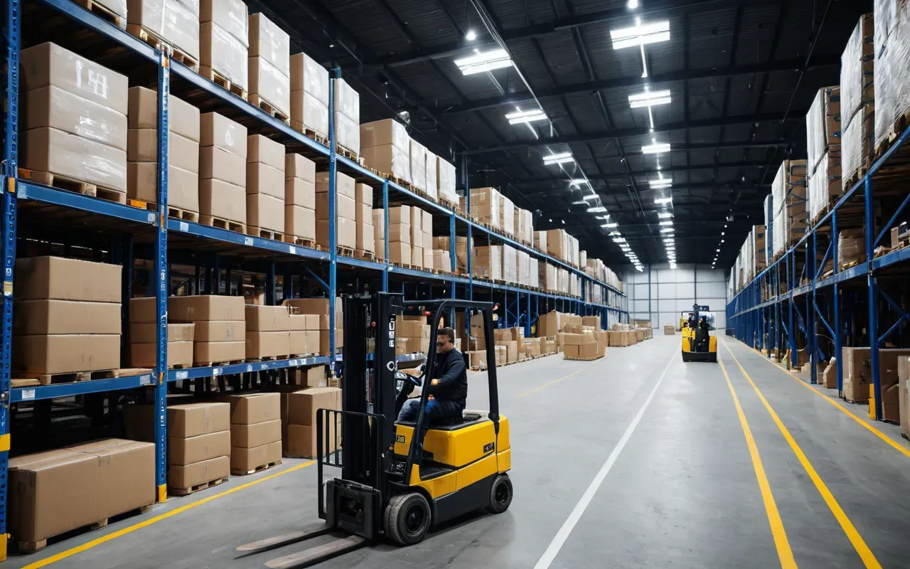A modern logistics warehouse interior with forklifts moving palletized boxes under bright industrial lighting, emphasizing organized storage and efficient material handling without any visible text or branding.