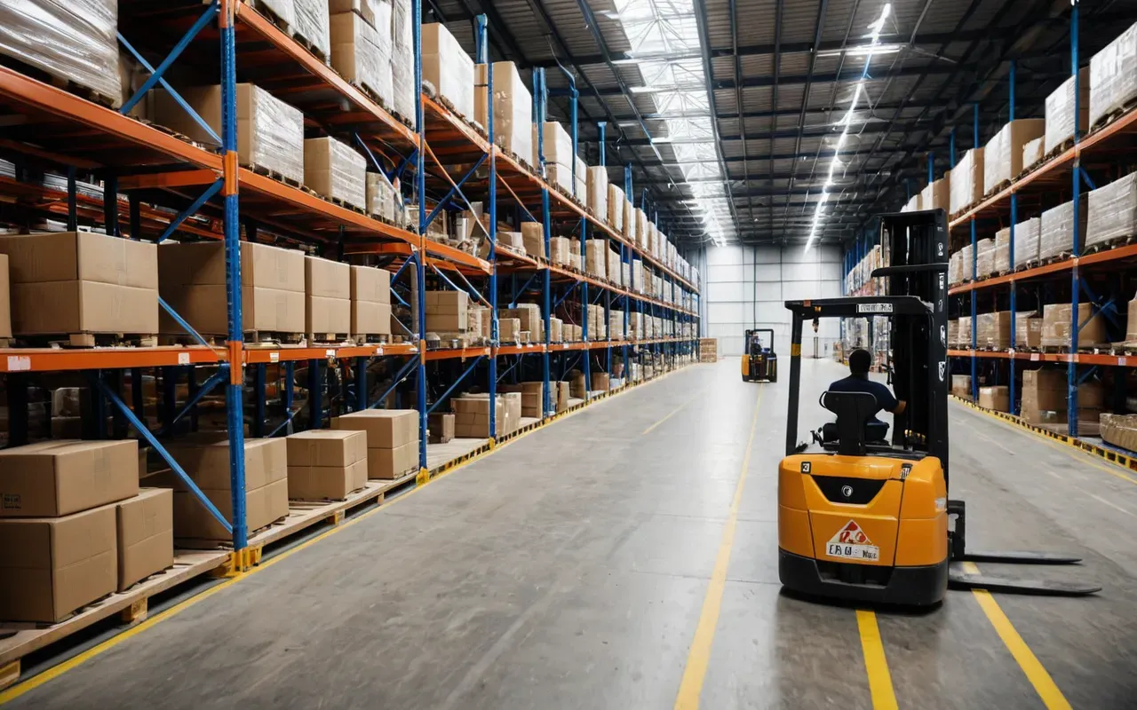 uluslararası nakliyat depolama A modern logistics warehouse interior with neatly stacked cardboard boxes on high industrial shelving units. A forklift is moving in the background under bright fluorescent lighting.