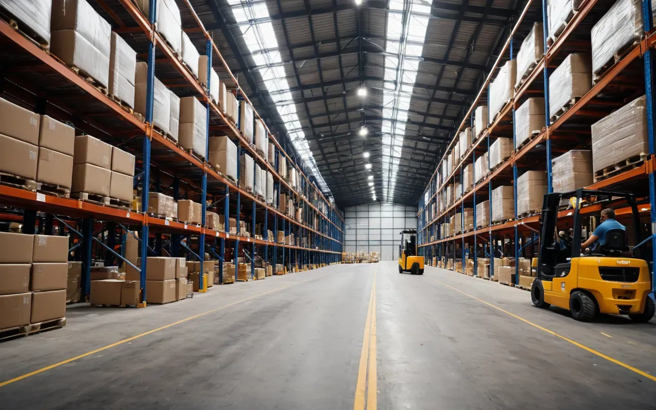 depoda eşya yükleme operasyonu A modern logistics warehouse with high shelves and a forklift moving large packed boxes in the background, wide angle shot showing industrial scale