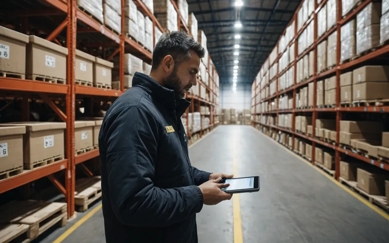 A modern logistics warehouse with neatly stacked wooden crates and a worker checking a digital tablet, bright clean industrial lighting