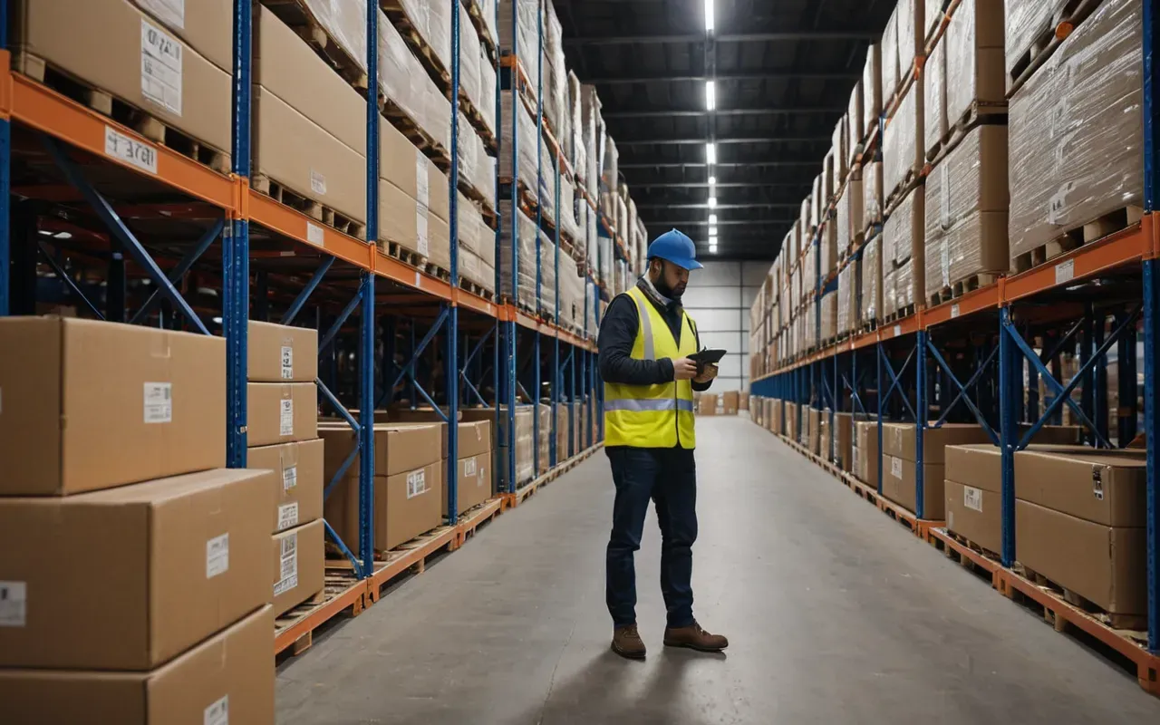 A modern logistics warehouse with stacked cardboard boxes and a worker using a handheld scanner, bright industrial lighting, clean composition