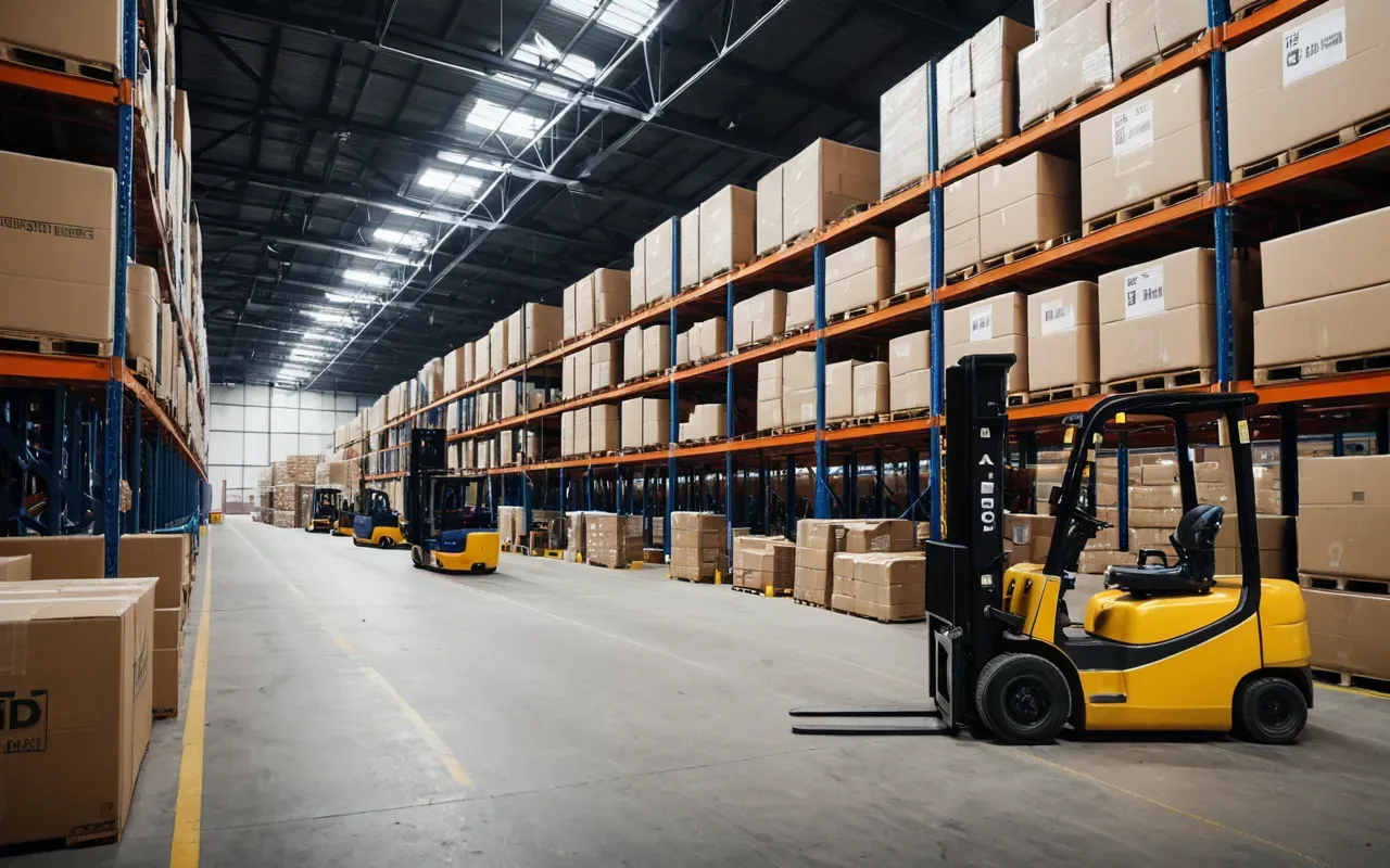 lojistik depo alanı A modern logistics warehouse with stacked cardboard boxes and forklifts in the background, illuminated by bright industrial lighting.