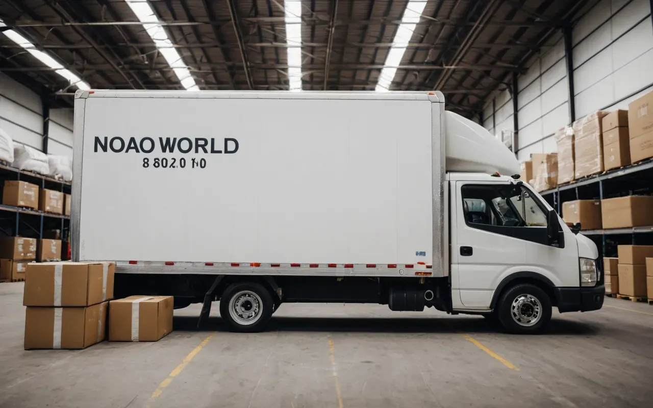 uluslararası nakliyat A modern moving truck packed with neatly stacked boxes and wrapped furniture inside a bright warehouse. The lighting is professional and the scene looks organized.