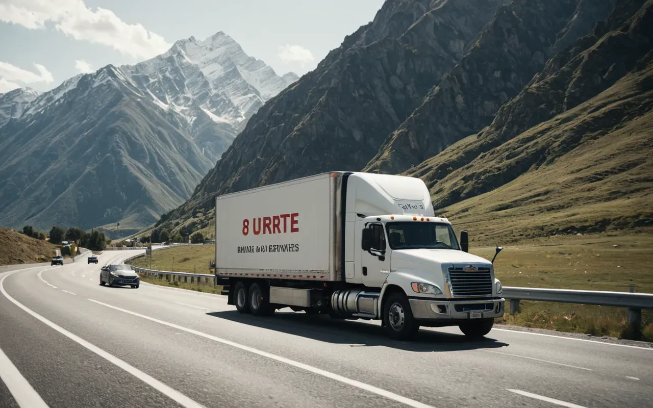 uluslararası nakliyat A modern truck driving on a clear highway with mountains in the background.
