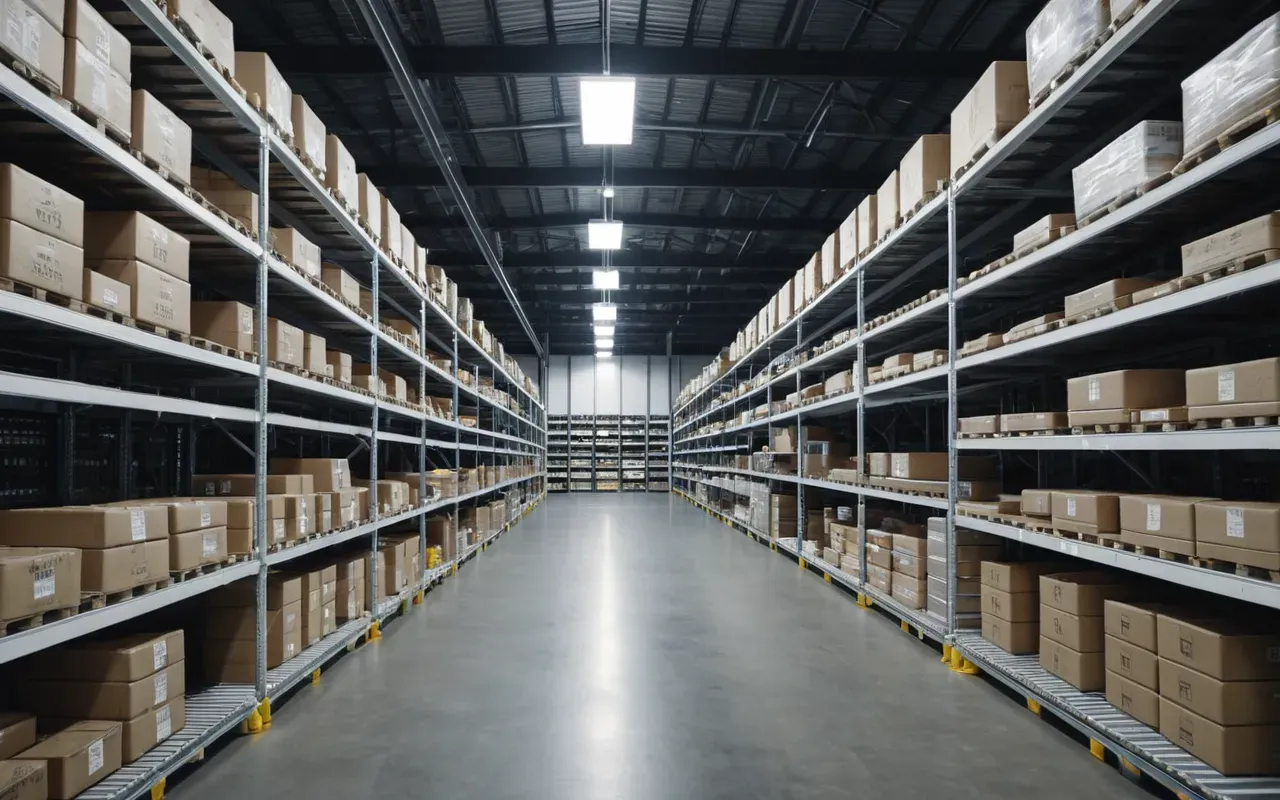 modern depo yönetimi A modern warehouse interior with organized shelves and automated sorting systems. The scene is clean, efficient, and bathed in cool white LED lighting to emphasize technological advancement.