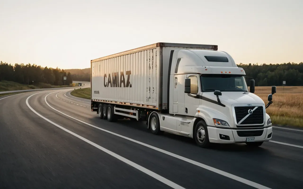 A modern white semi-truck with a closed cargo container is driving on a clean asphalt highway during golden hour. The road curves gently through rolling green hills with sparse trees in the background. Soft sunlight creates long shadows, and the sky has a warm gradient of orange and pale blue. No text or logos are visible on the truck.