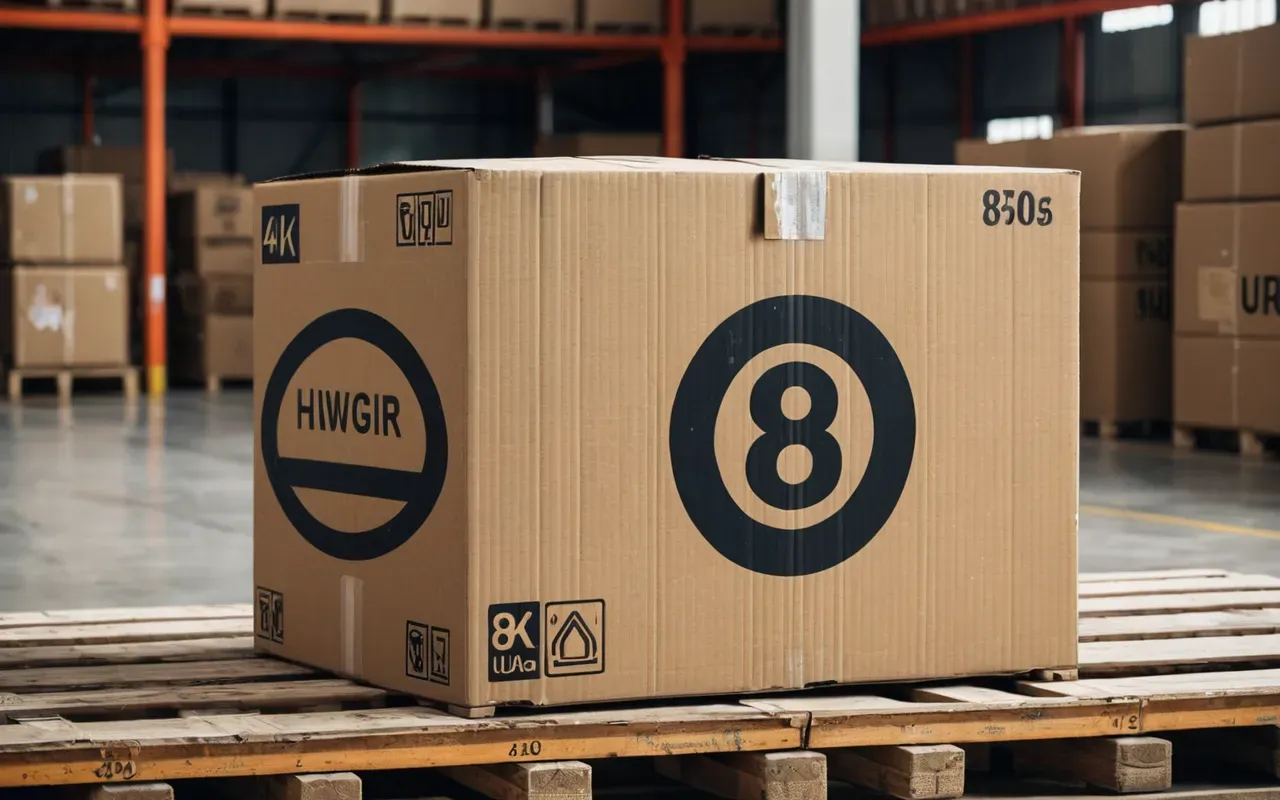 A neatly packed cardboard box with a fragile symbol sticker on the side. It is placed on a wooden pallet in a bright warehouse.