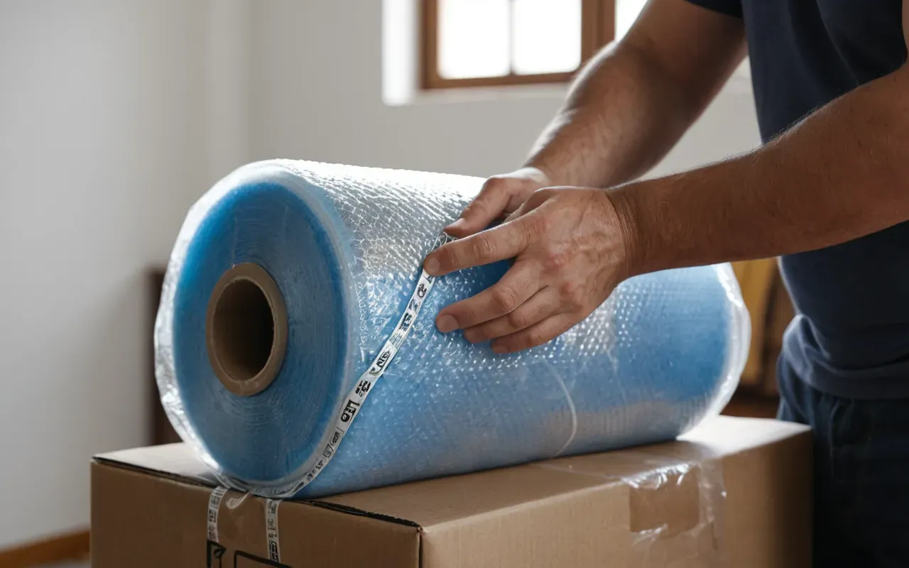 eşya paketleme teknikleri A person carefully packing a lamp with bubble wrap and tape in a bright room, focusing on hands wrapping the item securely for transport