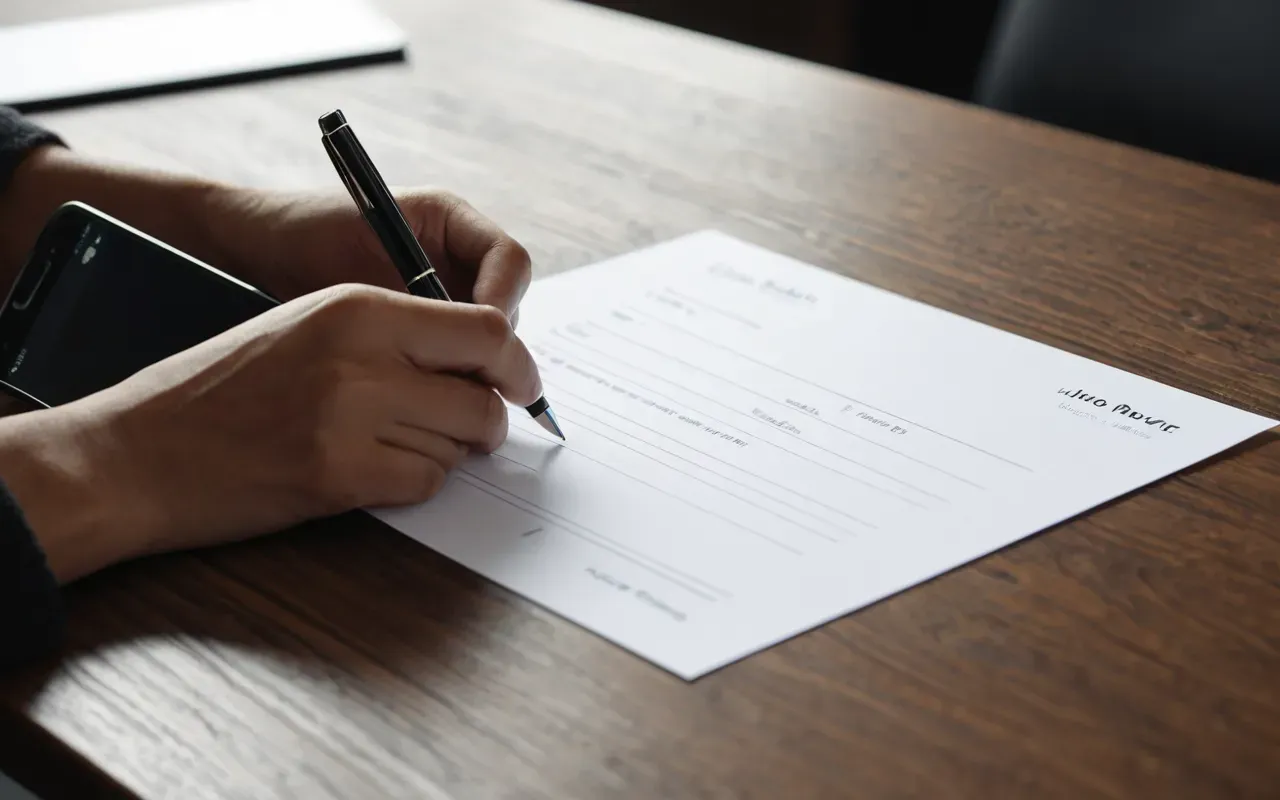 tazminat formu A person filling out a paper form with a pen at a modern wooden desk, soft lighting and clean minimal background.