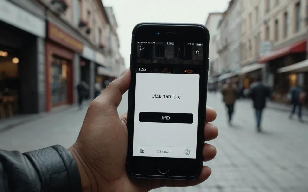 mobil uygulama kullanımı A person holding a smartphone with their hand in a modern urban setting. The phone screen is turned away from the camera so no content is visible. The background shows a blurred city street with generic buildings and soft daylight, creating a sense of everyday life without specific geographical markers.