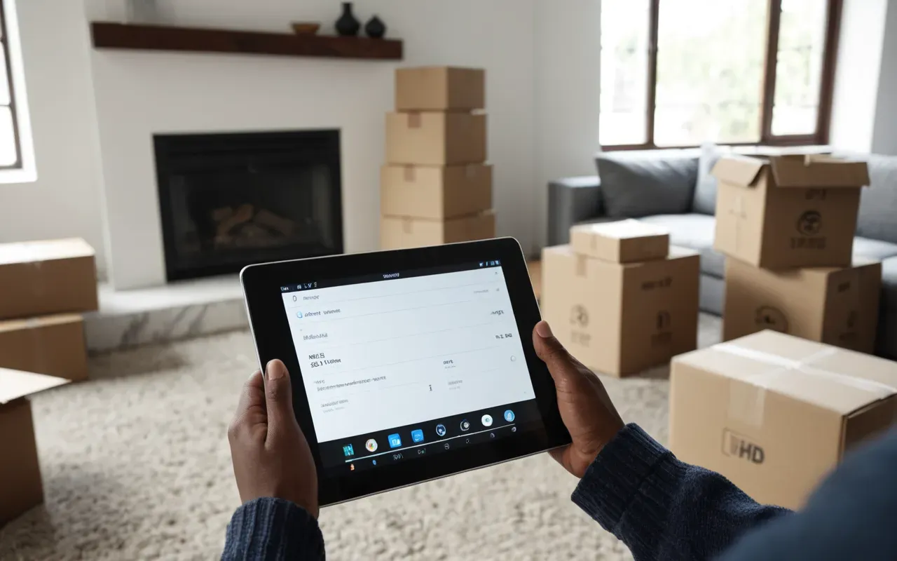 Türkiye hizmet ihracatı A person holding a tablet computer in a bright modern living room with moving boxes stacked nearby. The focus is on the hand checking data while natural light streams through large windows, creating a calm and organized atmosphere.