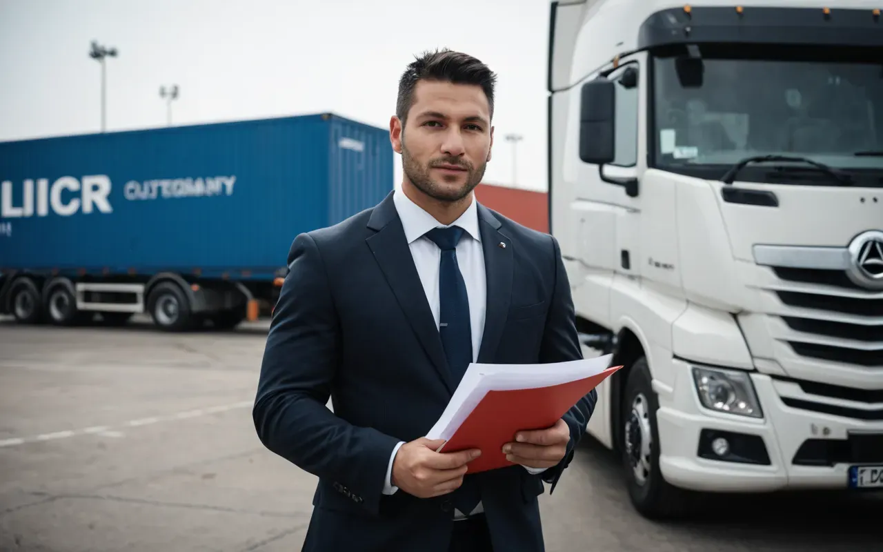 lojistik belge kontrolü A person in a business suit holding a folder with documents while standing near a large truck at a logistics hub.
