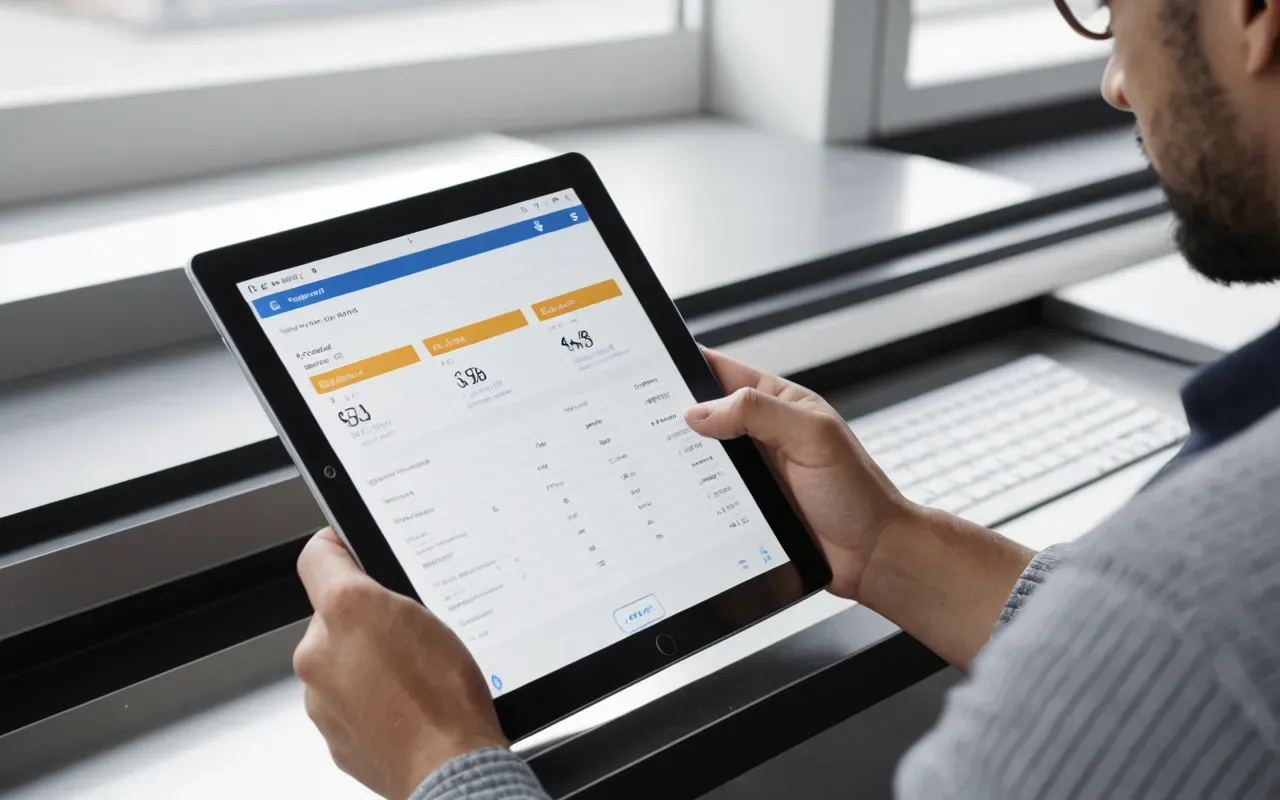 A person using a tablet to manage shipping data in a bright office setting with clean lines and modern design.