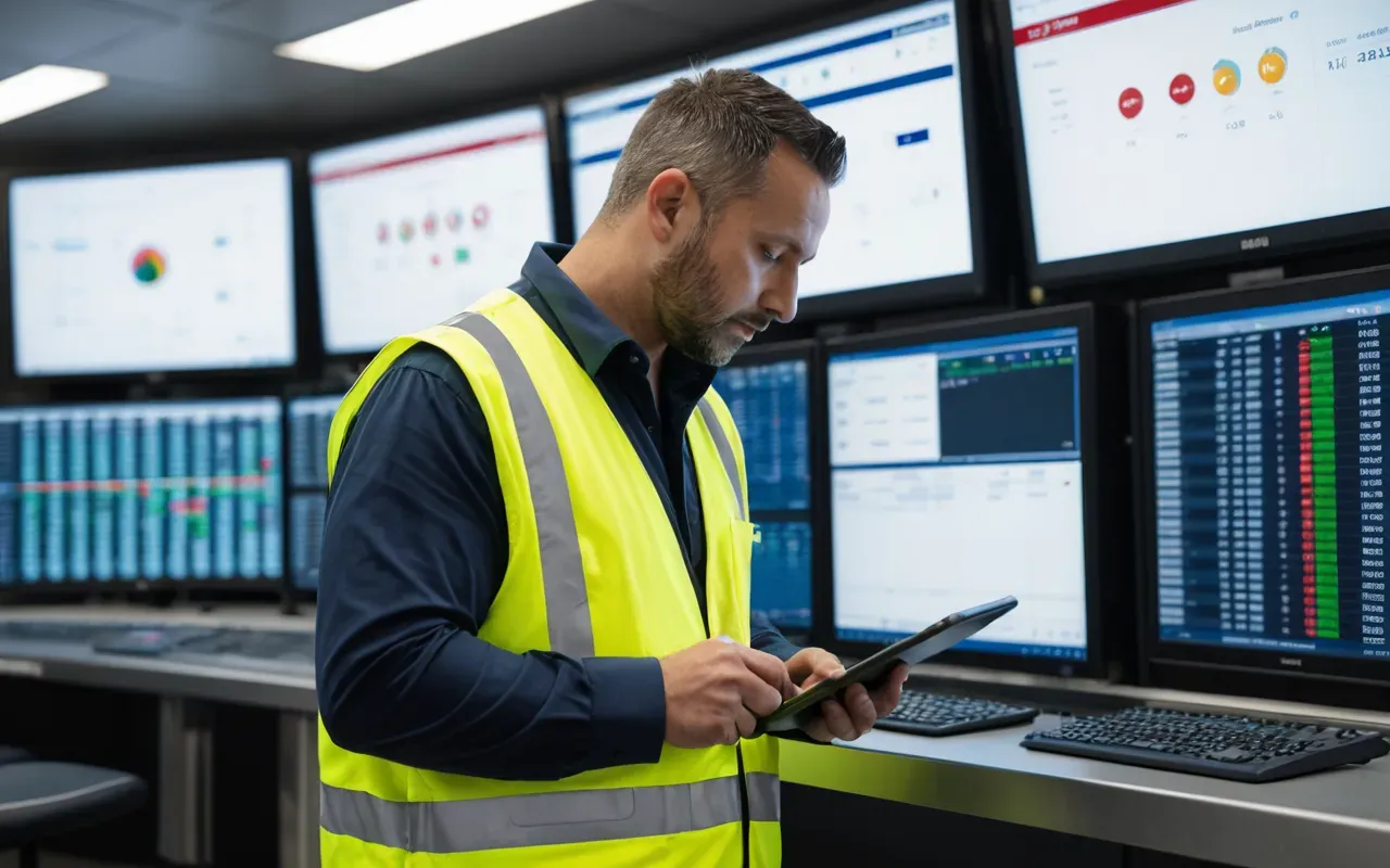 A professional logistics manager wearing a high-visibility vest reviewing data on a tablet computer inside a bright control room with large digital screens displaying route maps and fleet status indicators.