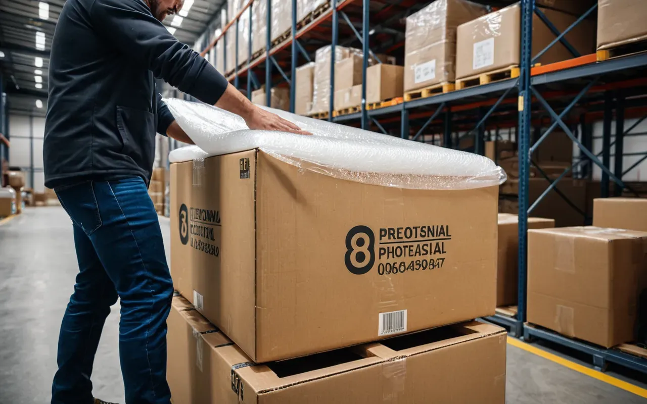 A professional logistics worker carefully wrapping a large cardboard box with protective bubble wrap in a modern warehouse setting. The lighting is bright and clean, highlighting the meticulous packaging process to ensure item safety during international transport.