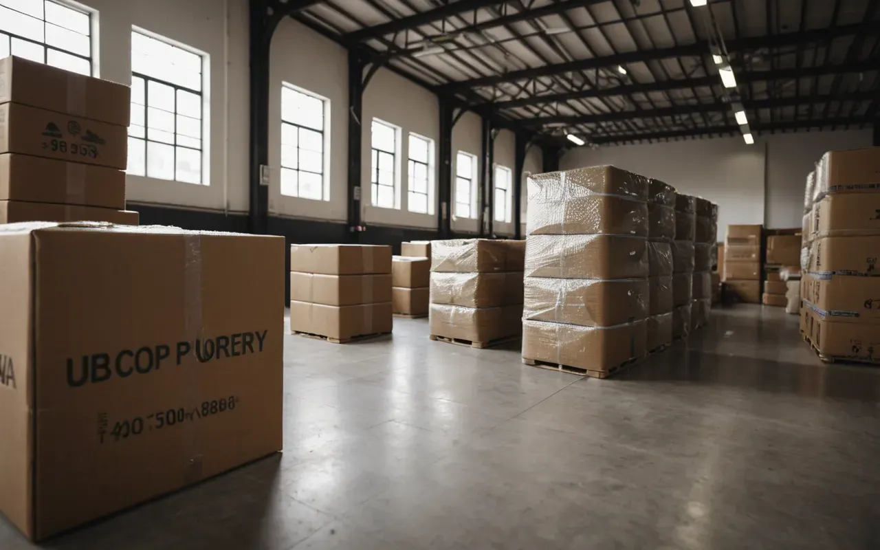 paketleme alanı A professional packing area with neatly stacked cardboard boxes wrapped in brown paper tape and bubble wrap on a clean floor.