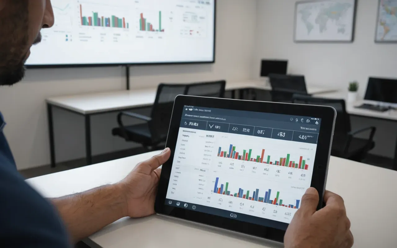 A professional person holding a tablet computer checking logistics data in a modern office. The screen shows simple graphs and maps without any text.