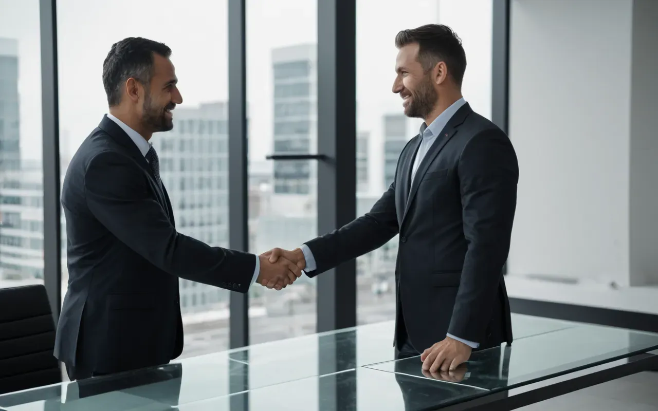 uluslararası iş birliği anı A professional setting where a business person is shaking hands with another individual across a glass table. The background shows modern office architecture and natural light from large windows.
