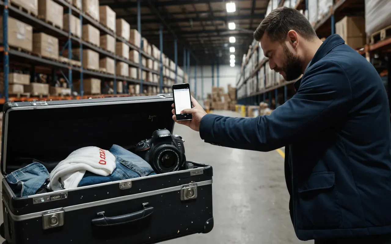hasar fotoğrafı çekme süreci A professional taking photographs of a damaged suitcase in a warehouse aisle, holding a smartphone and using flash lighting for evidence