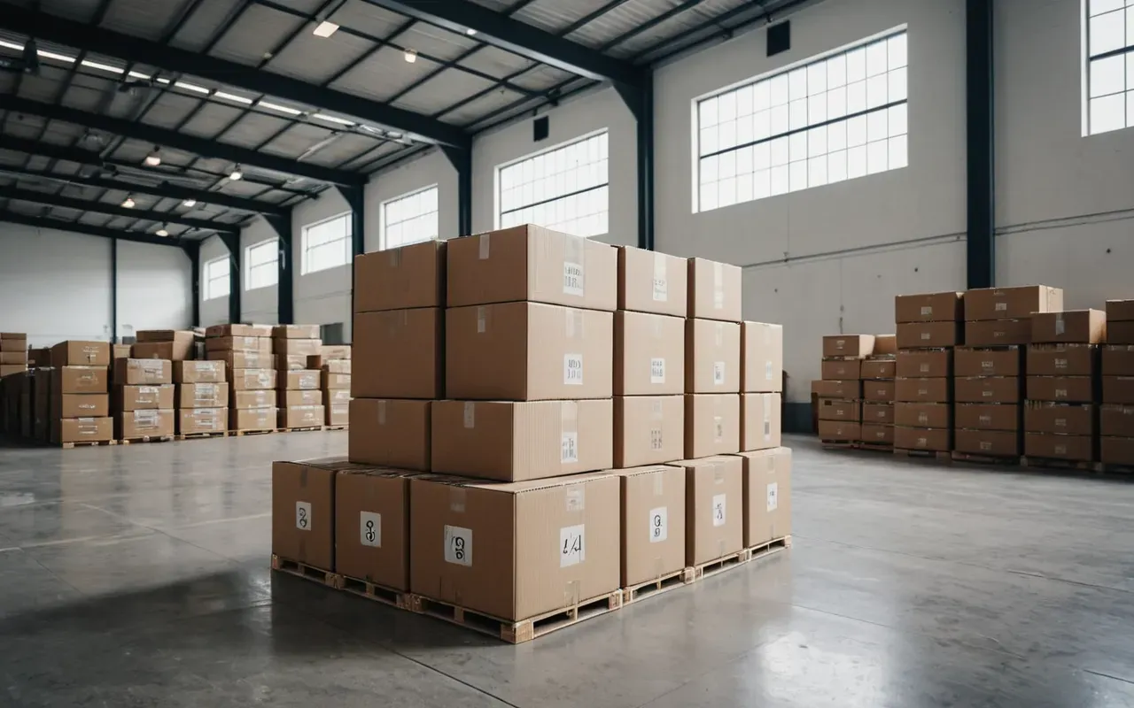 A stack of neatly organized cardboard boxes in a bright modern warehouse with soft natural light from large windows and clean concrete floor.