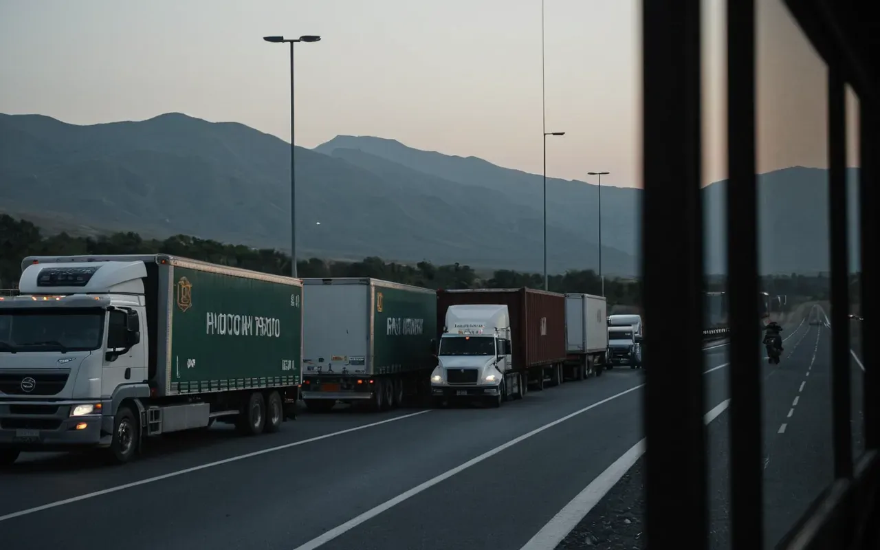 A view from inside a truck cab looking out at a long line of trucks waiting at a border crossing gate. The lighting is dim and the atmosphere looks tense with drivers visible in the windows, some smoking and others checking their phones.