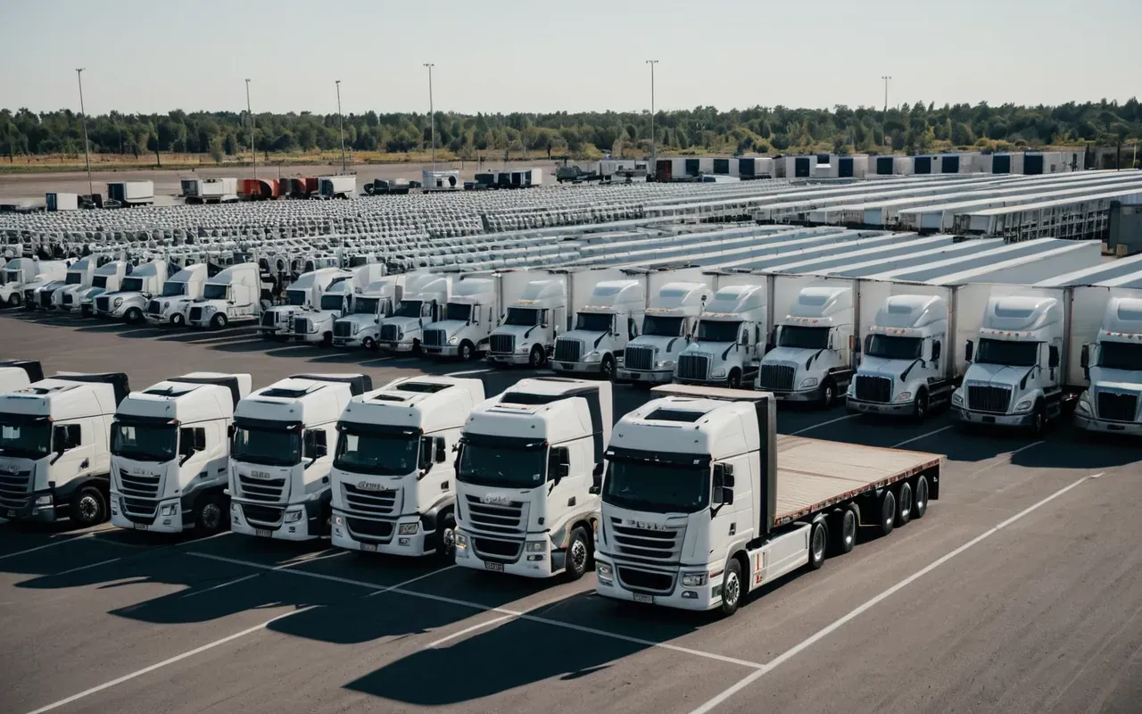 TIR parkı bekleme süresi A wide-angle shot of a massive row of modern heavy-duty semi-trucks parked in an organized lot near a border crossing gate. The trucks are stationary with their engines off, waiting for inspection under bright daylight.