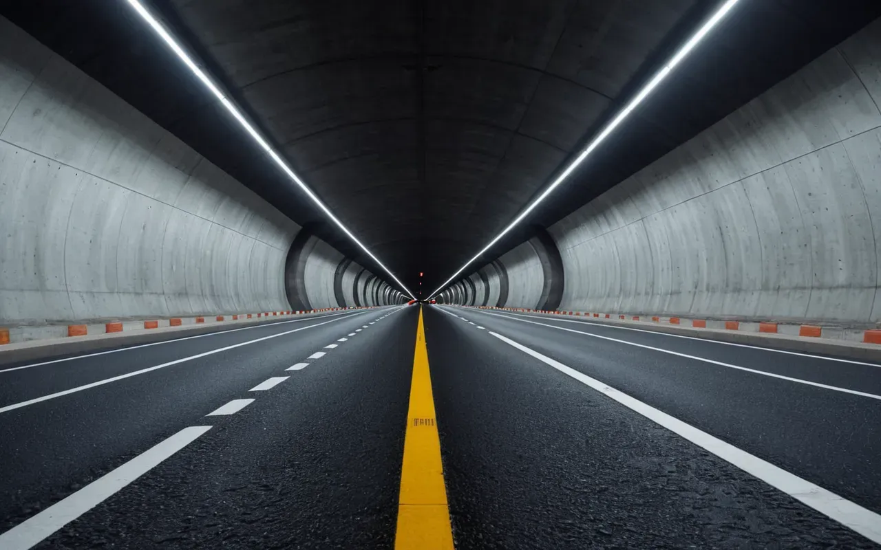 A wide highway tunnel entrance glowing with bright white lights at dusk. The road surface is clean asphalt with clear yellow lane markings. Modern engineering structure visible on the sides.