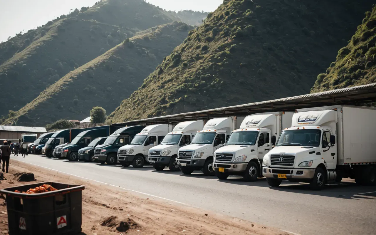 A wide shot of a busy border crossing area with multiple trucks lined up in an organized queue under clear daylight conditions.