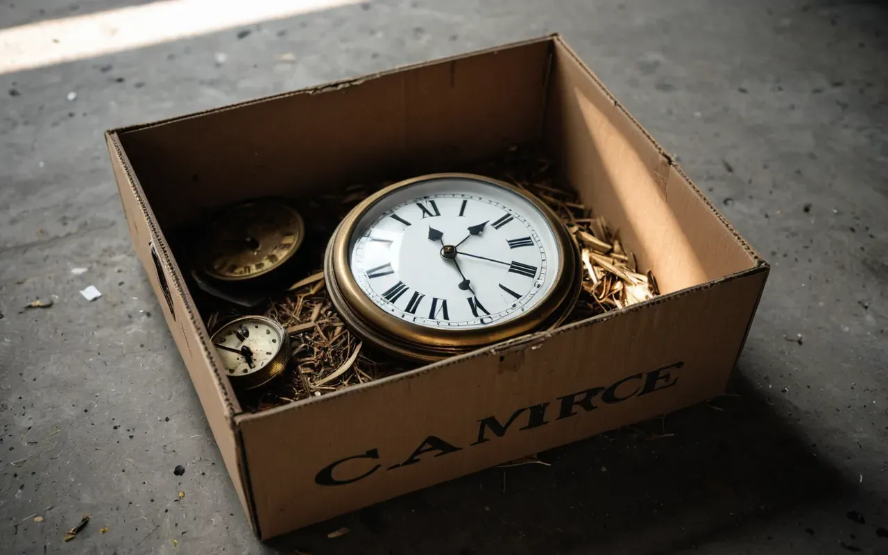 paketleme hatası Close-up of a damaged antique clock inside an open cardboard box on a concrete floor, soft natural light from the side, high contrast shadows.