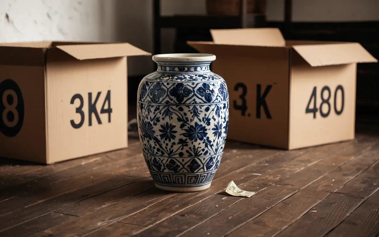 Close-up of a damaged ceramic vase on a wooden floor next to an open cardboard box, soft diffused indoor lighting, realistic editorial photography style