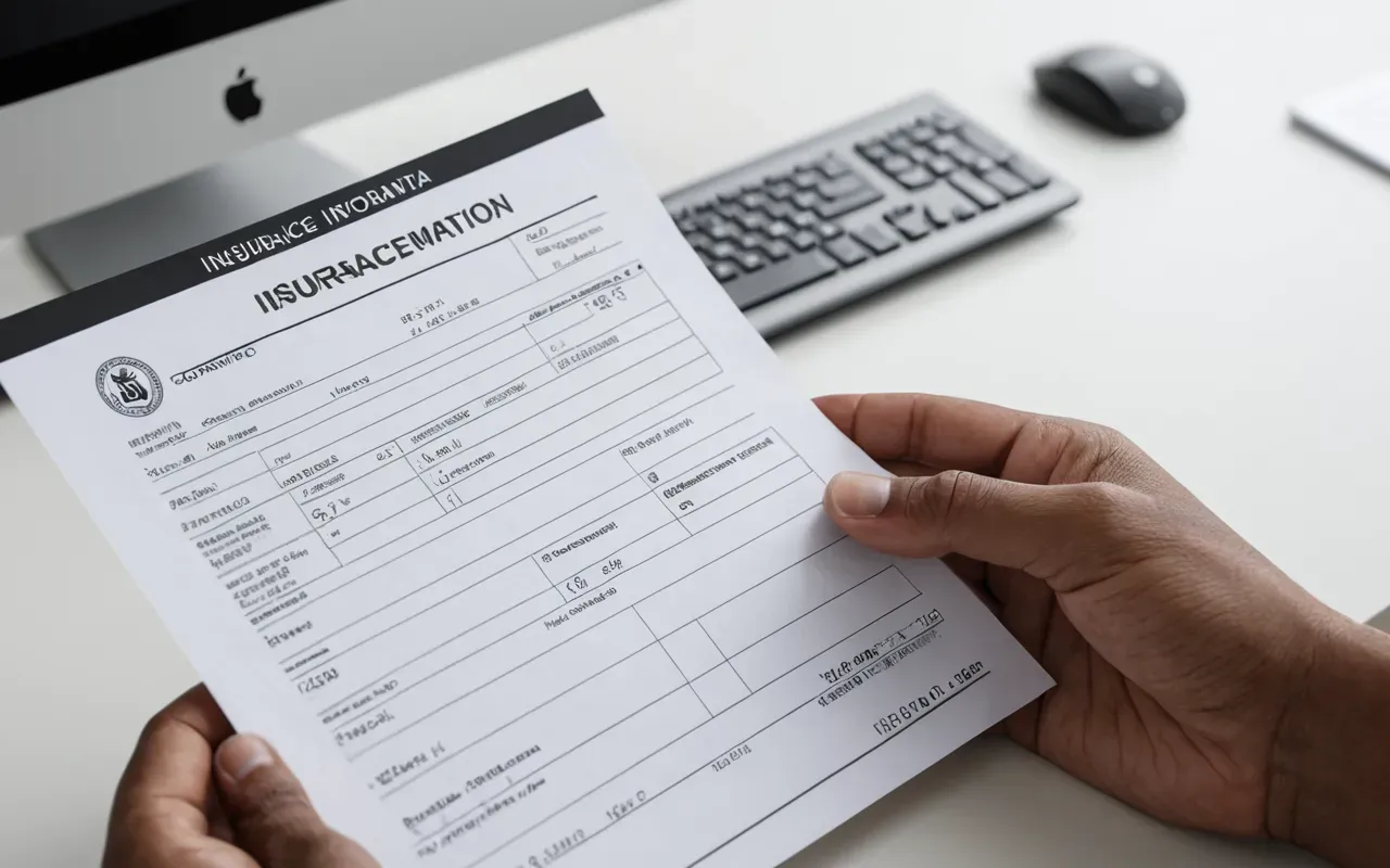 sigorta belgeleri Close-up of a hand holding a printed insurance document with redacted personal information on a clean white desk surface.