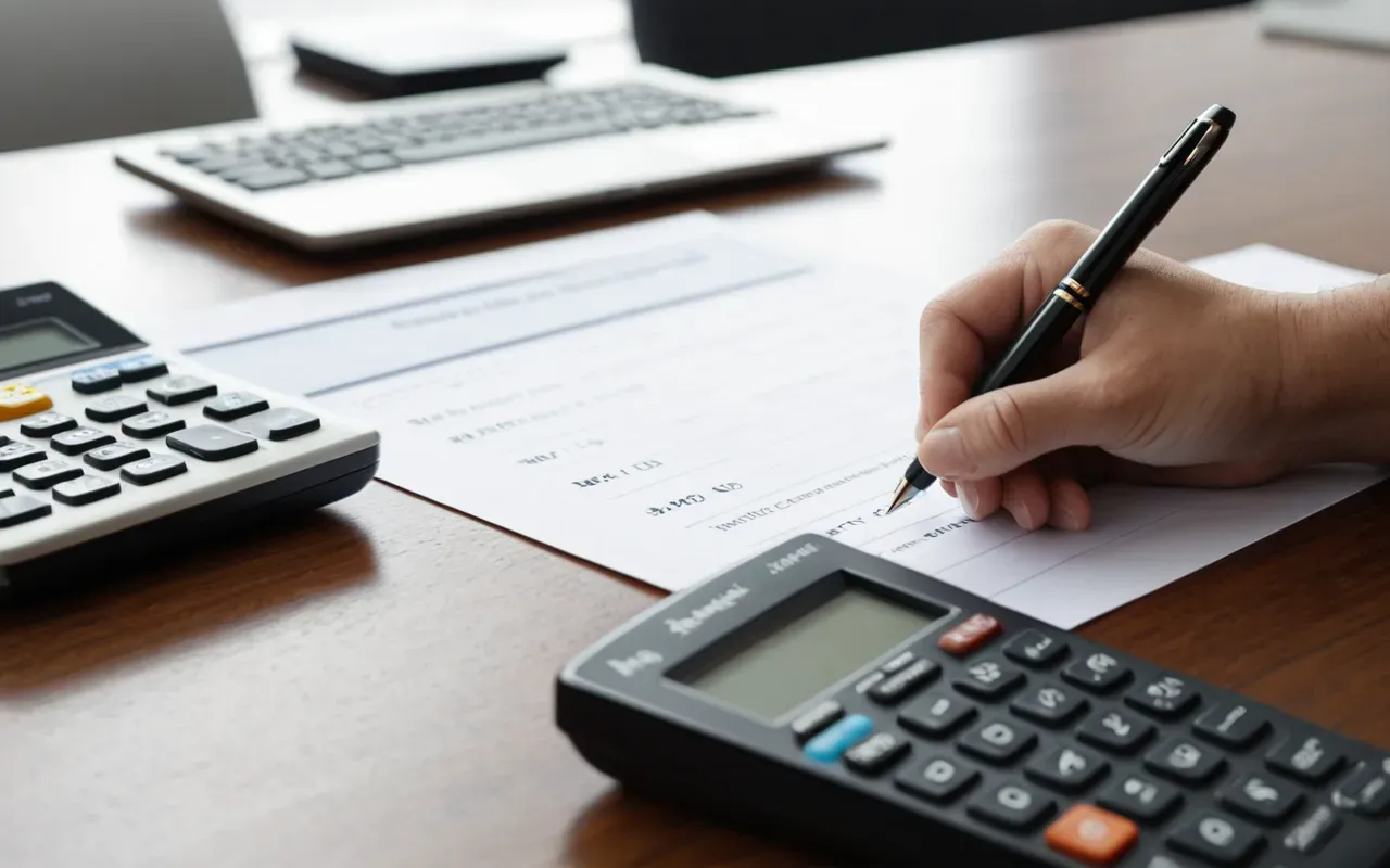 nakliye sözleşmesi imzalama Close-up of a person's hand holding a pen and signing a logistics contract on a clean modern desk with a calculator nearby, soft natural daylight