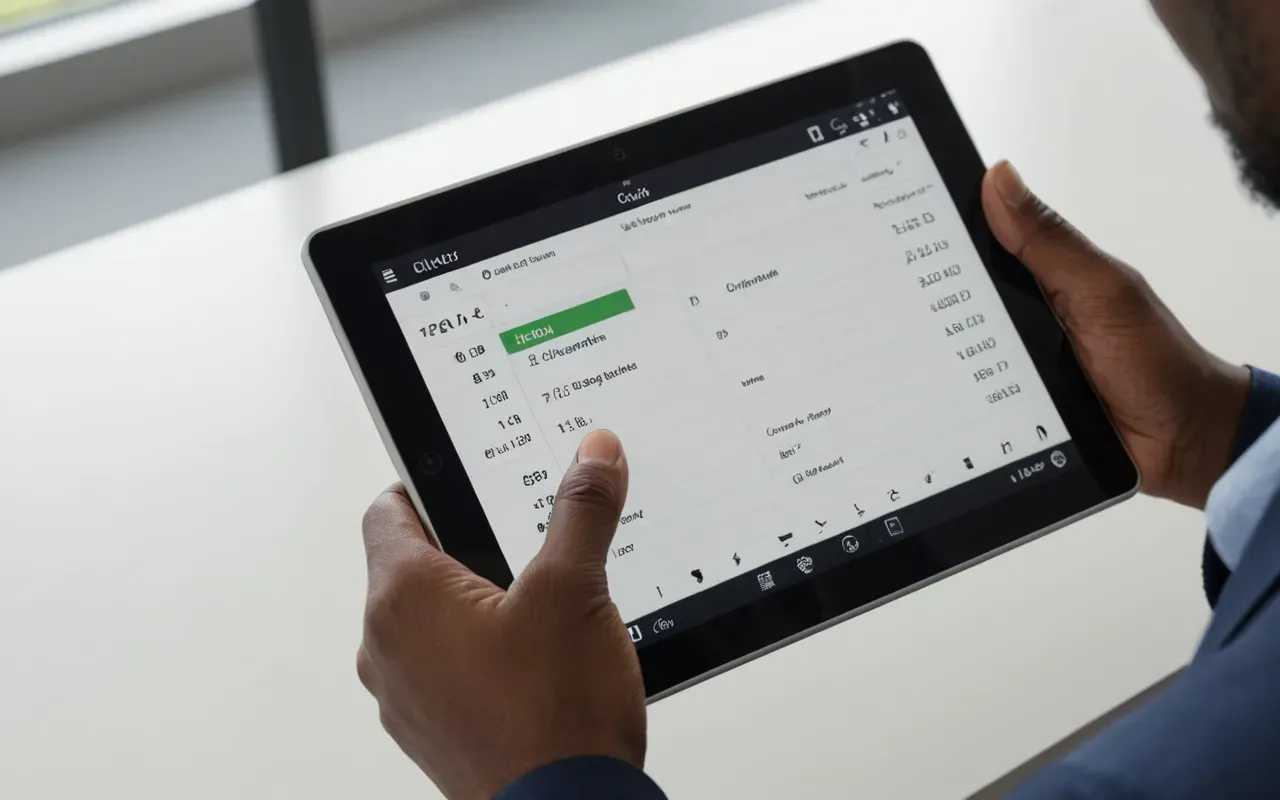 Close-up of a professional hand holding a digital tablet showing pricing options in a clean modern office setting with soft natural light and neutral background tones