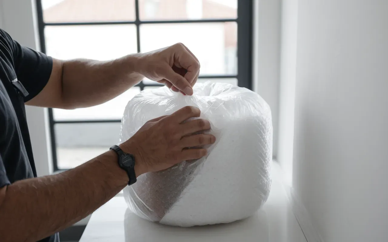 Close up of a professional packer wrapping a fragile item in bubble wrap inside a clean white room, soft natural light from a window
