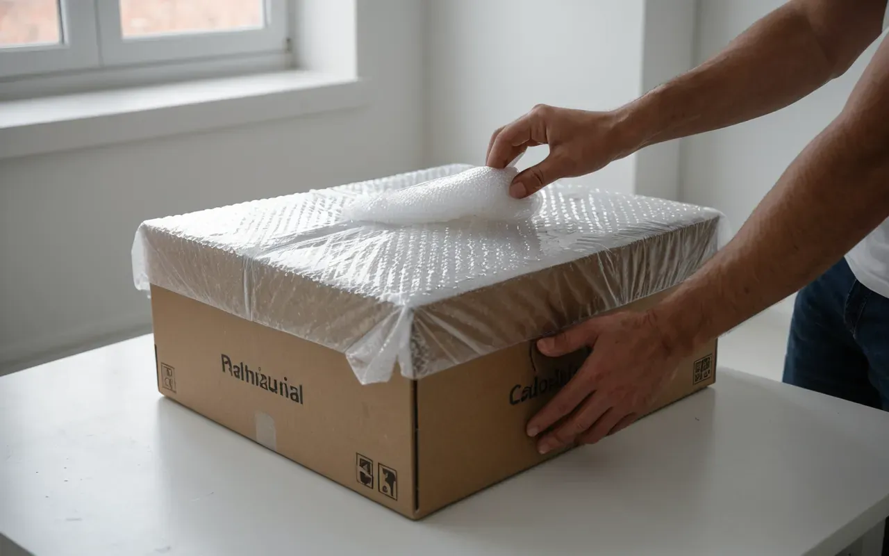 kolileme teknikleri Close-up of hands packing a box with bubble wrap in a clean bright room.