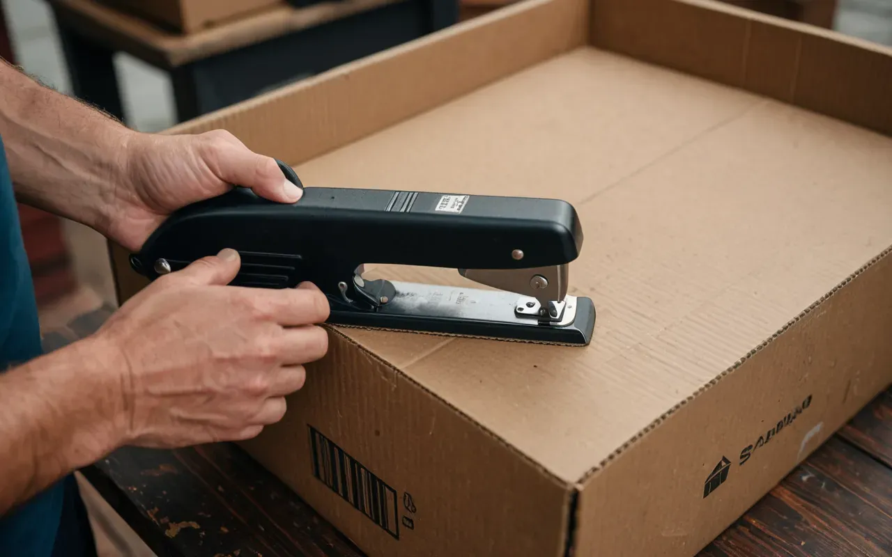 kutuu sabitleme Close-up of hands using a heavy-duty stapler to secure the bottom flap of a large cardboard box on a wooden table, shallow depth of field