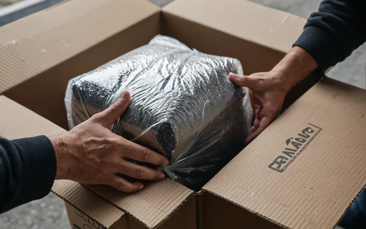 paketleme teknikleri Close-up of hands wrapping a glass vase in bubble wrap inside a sturdy cardboard box. The focus is on the protective packaging materials.
