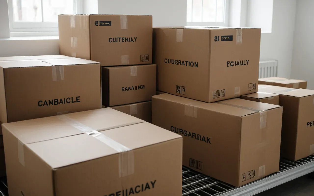 Close-up of neatly organized moving boxes with visible packing materials in a well-lit room with natural daylight and clean white walls creating an orderly preparation space