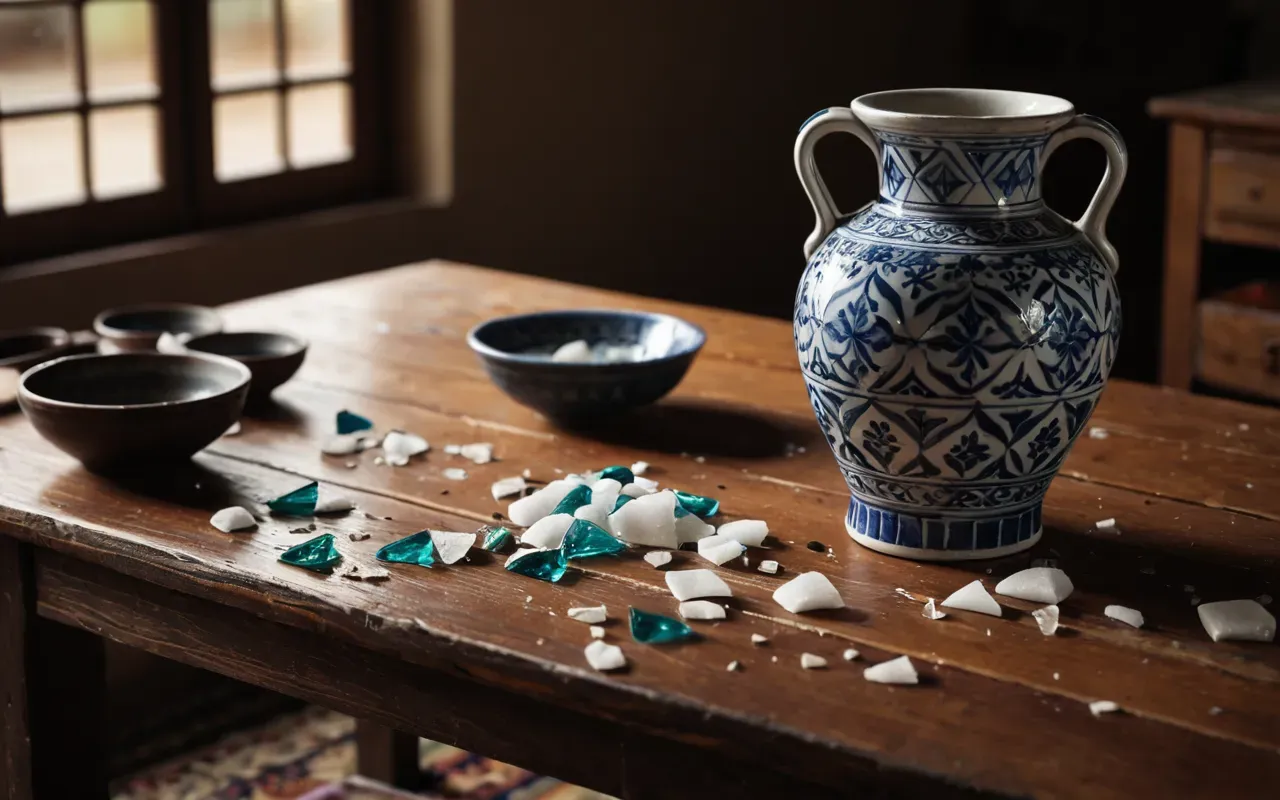 hasar gören eşya tazminatı Editorial still life of a broken ceramic vase and scattered glass shards on a wooden table, dramatic side lighting showing texture details