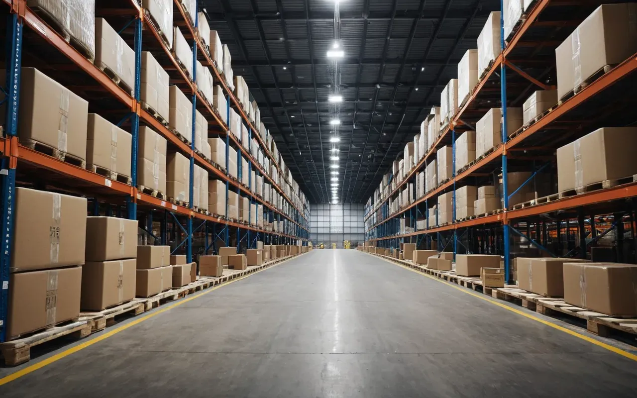 Inside a large modern logistics warehouse with high ceilings and industrial lighting. Rows of neatly stacked cardboard boxes on wooden pallets are organized in the foreground. A forklift is visible in the background moving between aisles. The floor is polished concrete, reflecting overhead lights.