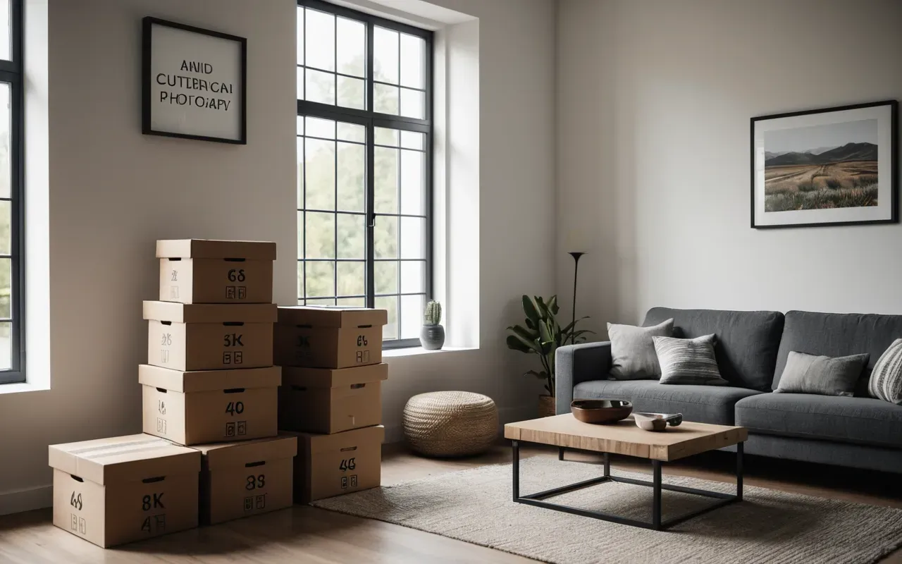 taşıma kutuları Interior of a modern minimalist living room with neatly stacked cardboard boxes in the corner, soft daylight through large windows, editorial style photography