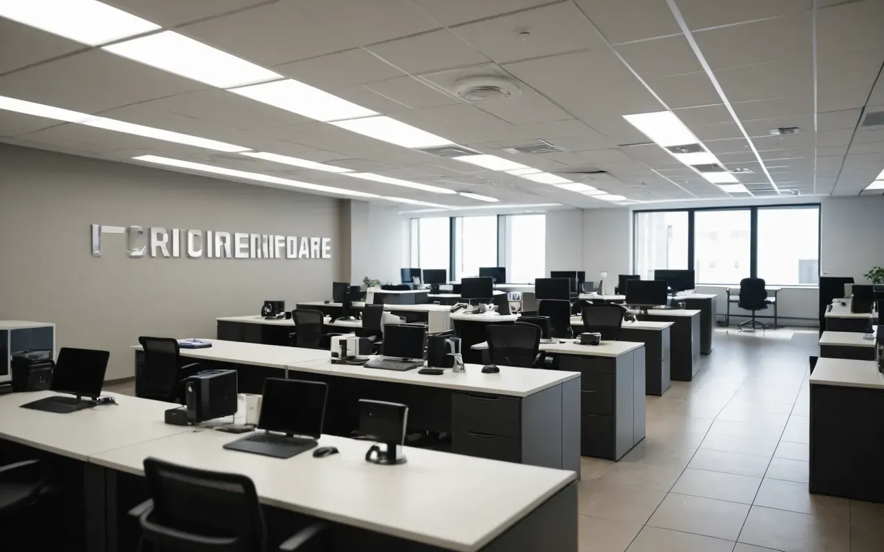 Interior of a modern office space with desks and chairs arranged neatly under soft ceiling lights creating an organized professional atmosphere with neutral color palette