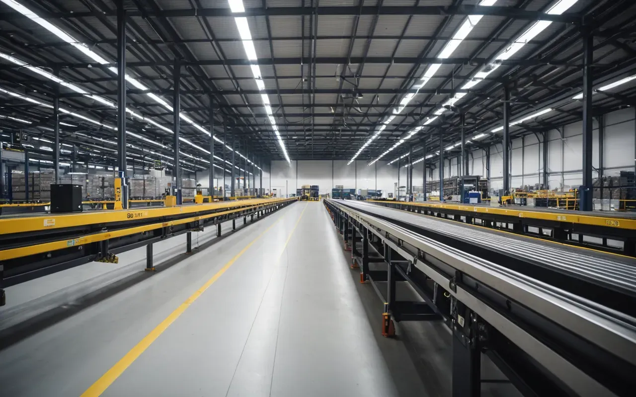 Wide shot of a modern logistics facility with organized conveyor systems and automated handling equipment in a spacious industrial hall under bright even lighting creating an efficient operational environment