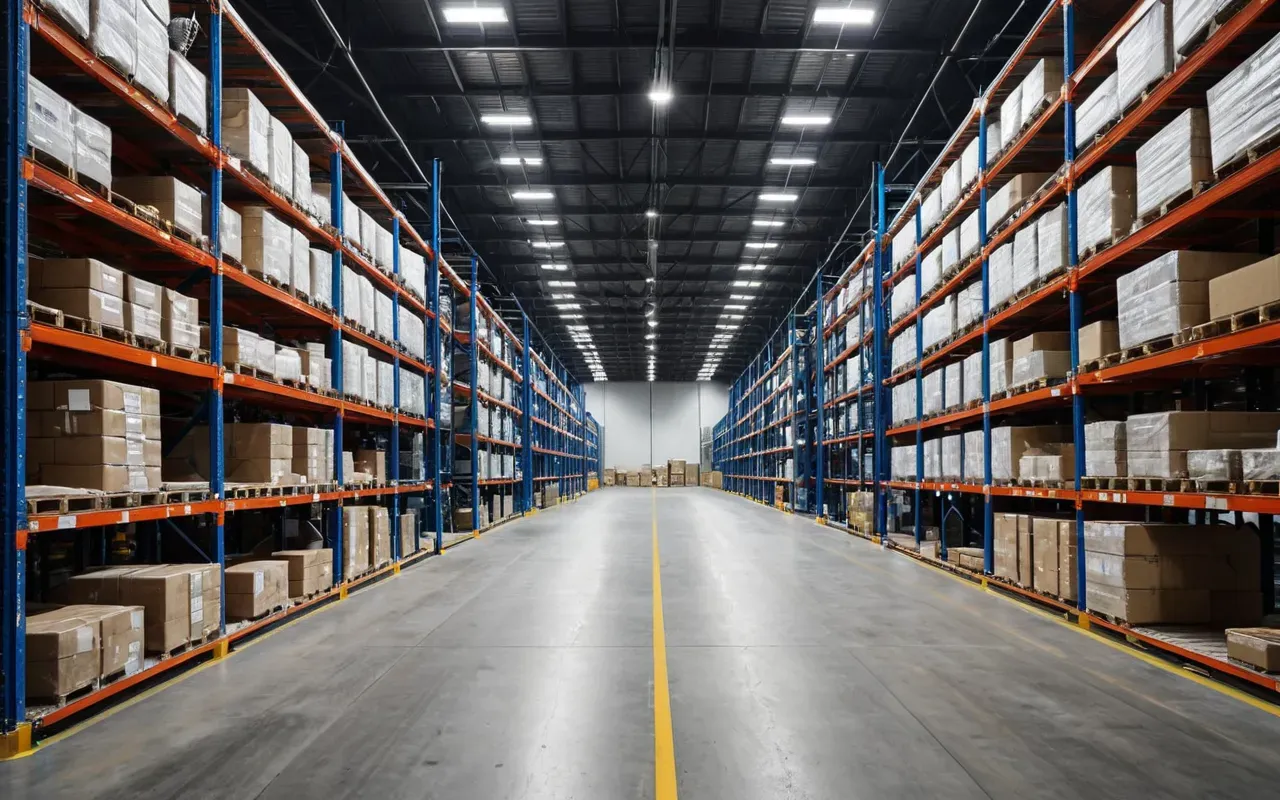 lojistik deposu Wide shot of a modern logistics warehouse interior with organized shelves and clean concrete floors, bright artificial lighting, professional editorial photography