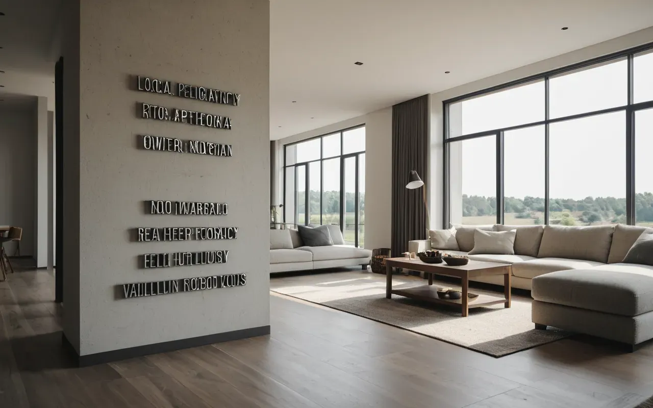 Wide shot of a modern minimalist living room with neutral furniture and natural daylight streaming through large windows