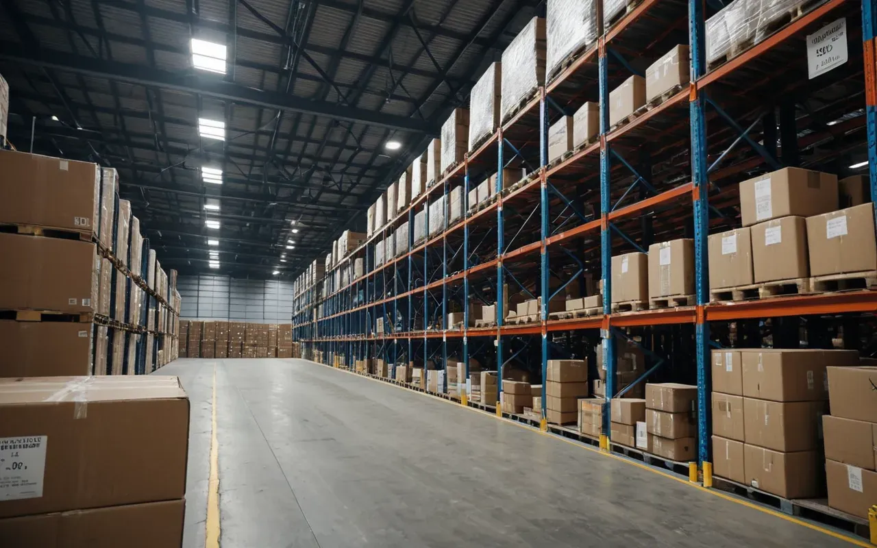 Wide shot of a modern warehouse interior with neatly stacked boxes and pallets under bright industrial lighting creating an organized logistics environment with clean lines