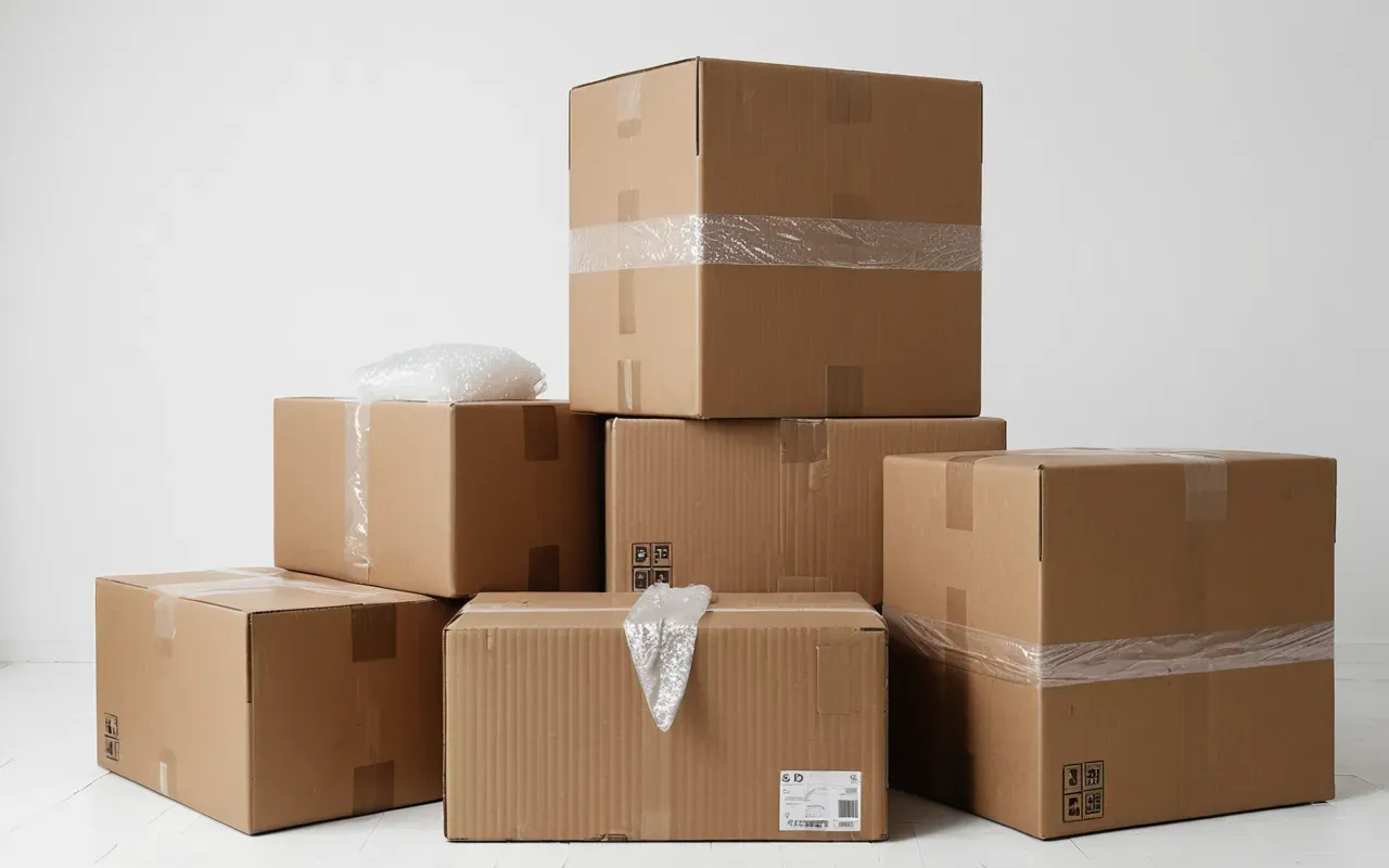 kolilem masrafı A clean editorial still life of neatly stacked cardboard boxes with bubble wrap on a plain white background, soft diffused studio lighting, minimalist composition