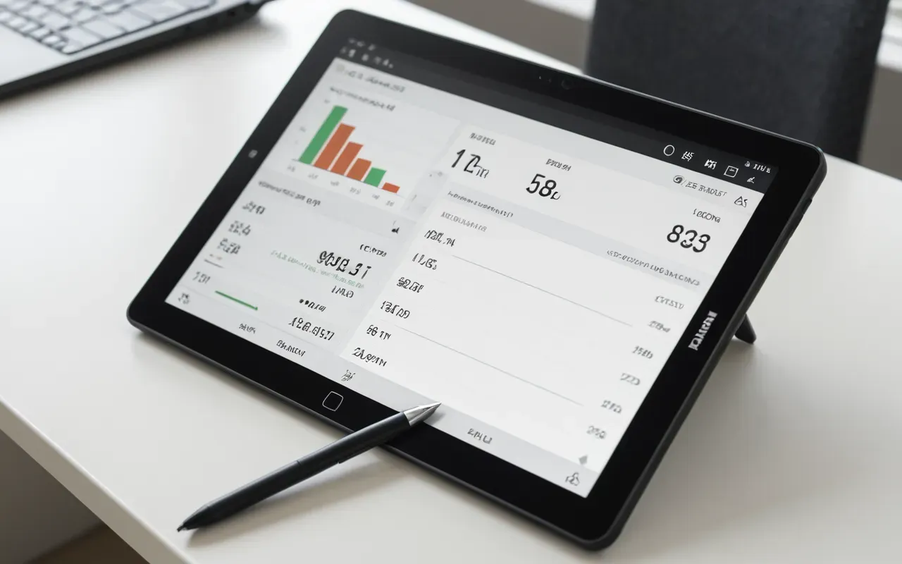 nakliyat takibi A close-up of a modern digital tablet showing a logistics tracking interface on a clean white desk next to a stylus pen, soft natural light from the left side.