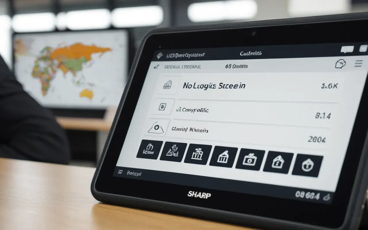 lojistik yazılımı A close-up view of a digital tablet screen showing logistics tracking software with multiple status updates. The background is blurred but shows an office environment.